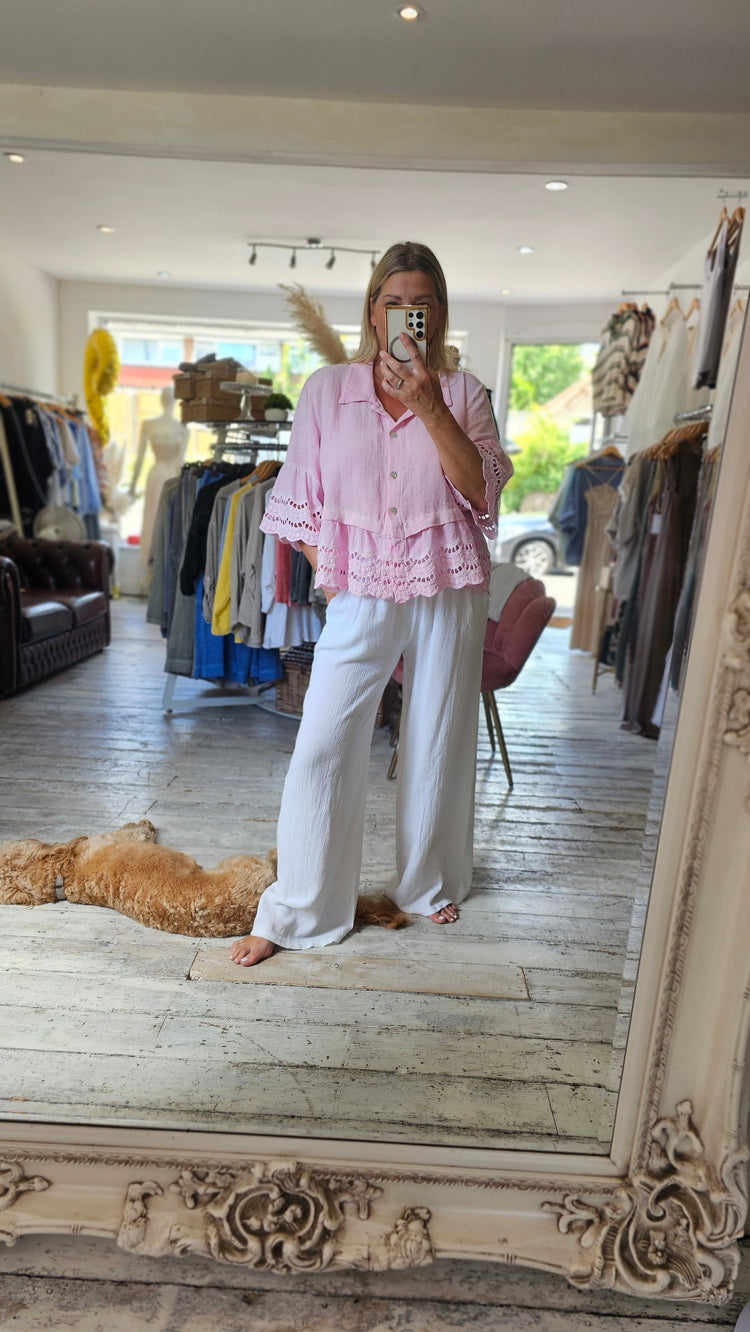 LILY LINEN BLEND ANGLAISE HEM SHIRT IN CANDY PINK
