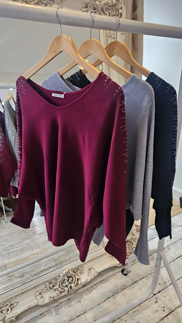 Ivy Diamante studded V neck batwing jumper in wine