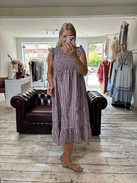 Frida Shirred Gingham Midi Dress in aubergine