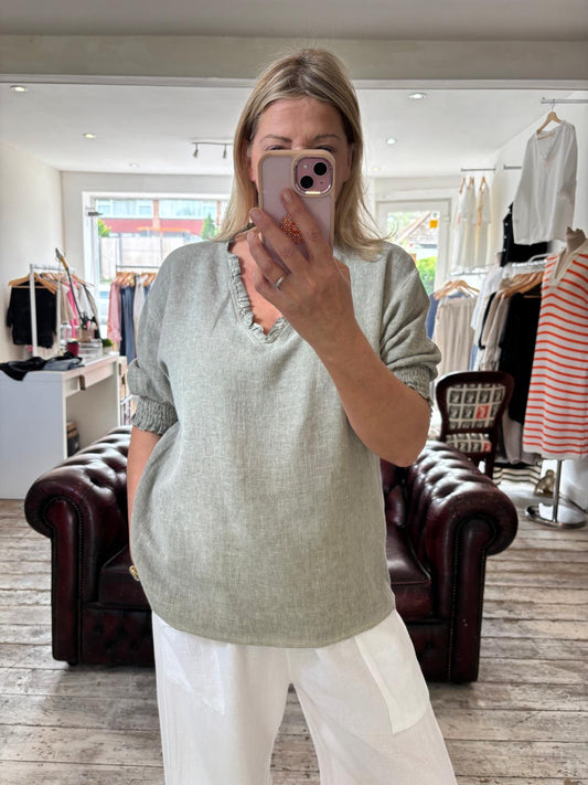 Palmer linen blend frill v-neck top in khaki
