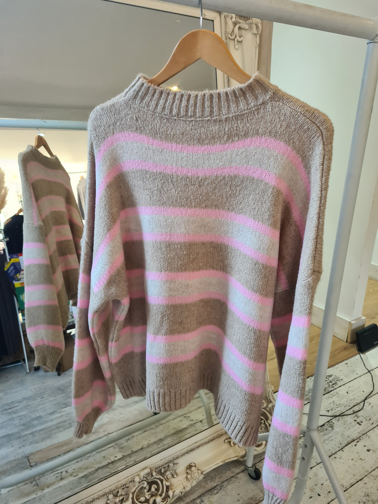 STRIPE BALLOON SLEEVE STRIPE KNIT JUMPER