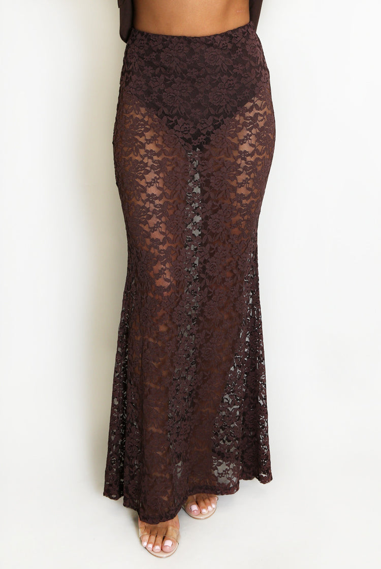 Maya Sheer Floral Lace Maxi Skirt in chocolate