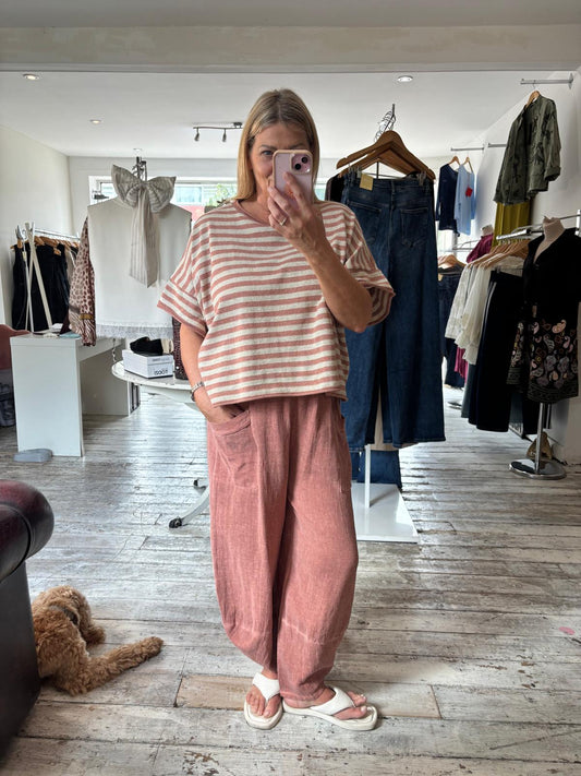 OLIVE LINEN BLEND FRONT POCKET TROUSER IN RUST