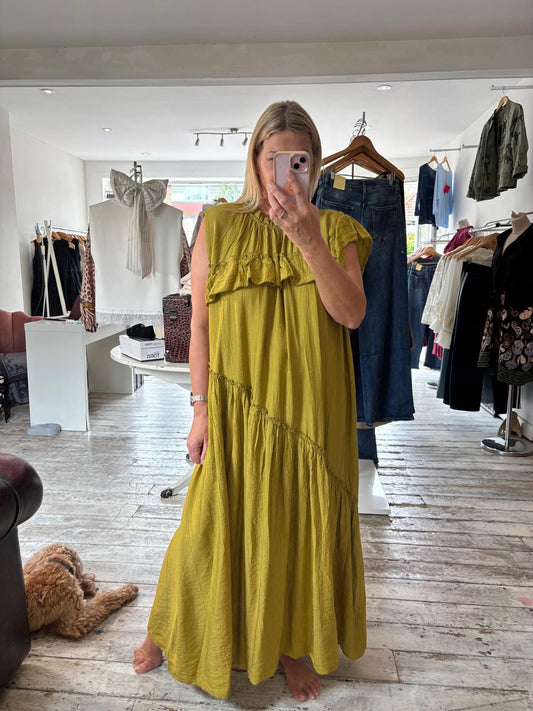Savannah frill detail midi dress in Olive green