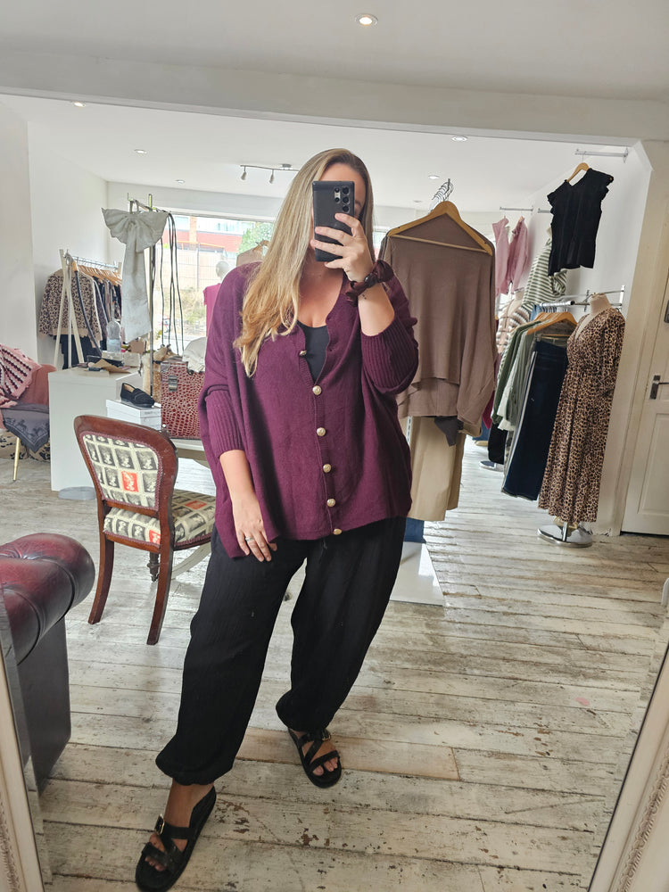 Marnie gold button oversized cardigan in burgundy