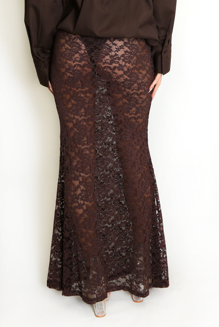 Maya Sheer Floral Lace Maxi Skirt in chocolate