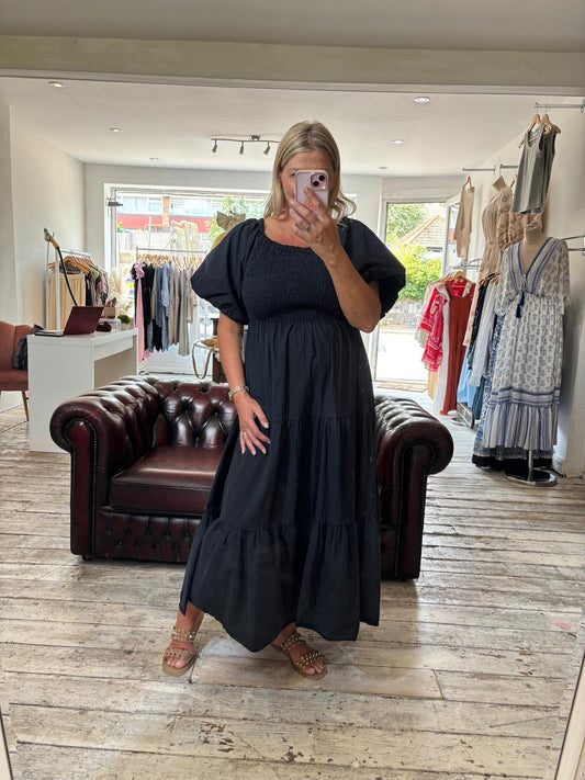 Celine shirred puffball sleeve cotton dress in black
