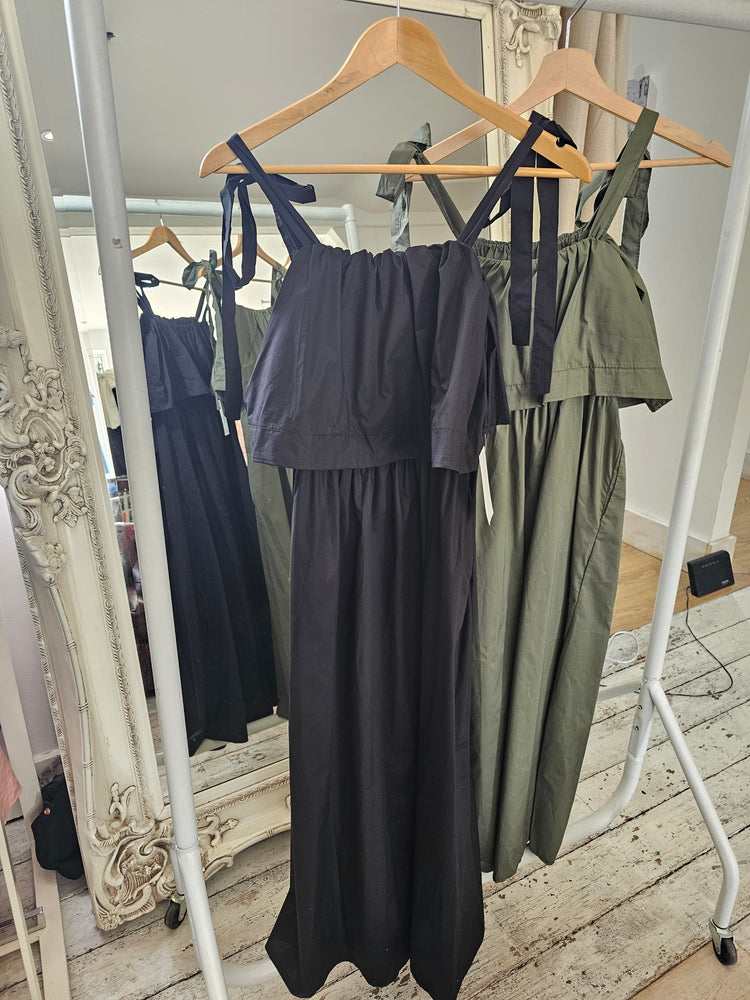 Cotton black tie strap tiered dress