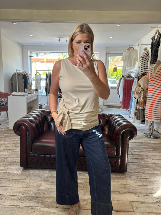 EVE JERSEY SIDE TIE SLEEVELESS TOP IN BEIGE
