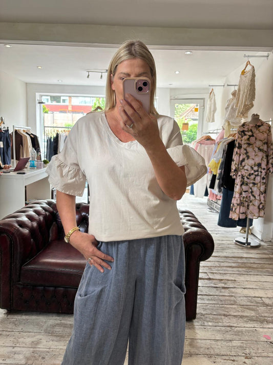 Eden ruffle sleeve cotton tee in beige