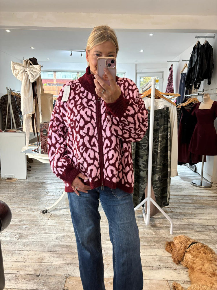 Presley leopard print zip up knit in merlot & pink