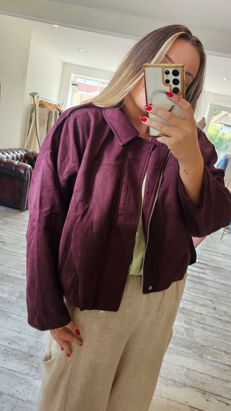Brooke Suede effect oversized bomber jacket in Merlot