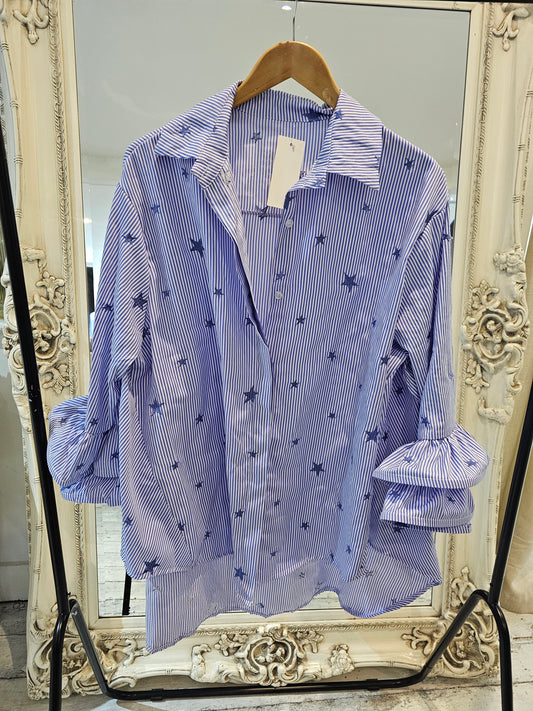 Ruffle sleeve star detail stripe shirt in blue