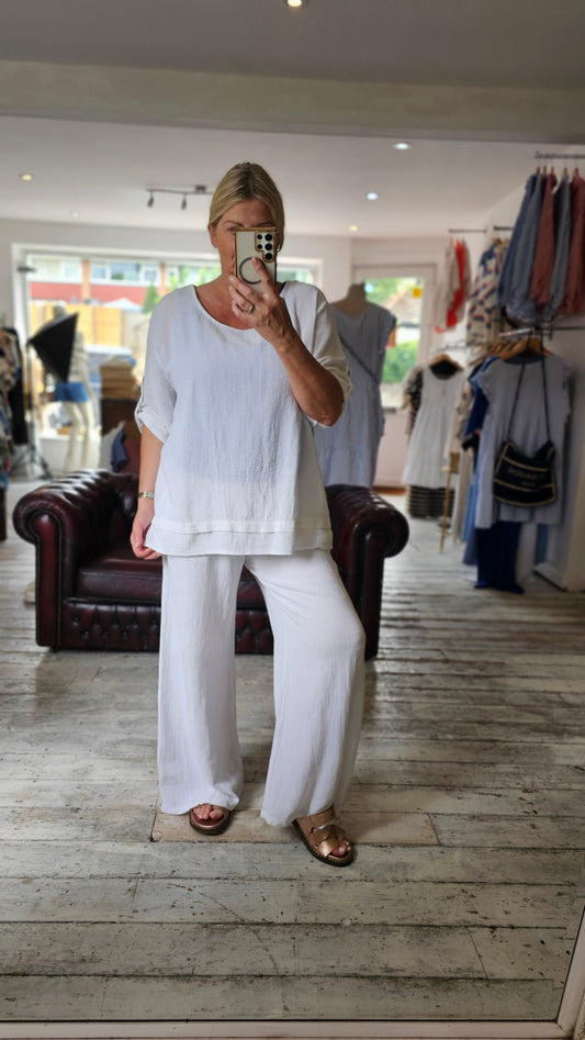 Maeve Turn up sleeve linen blend top in White