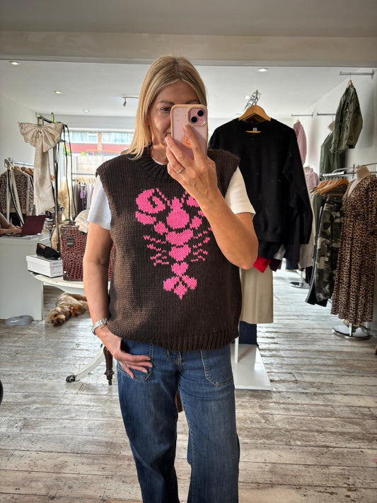 Larry the lobster knitted tank top in chocolate/pink