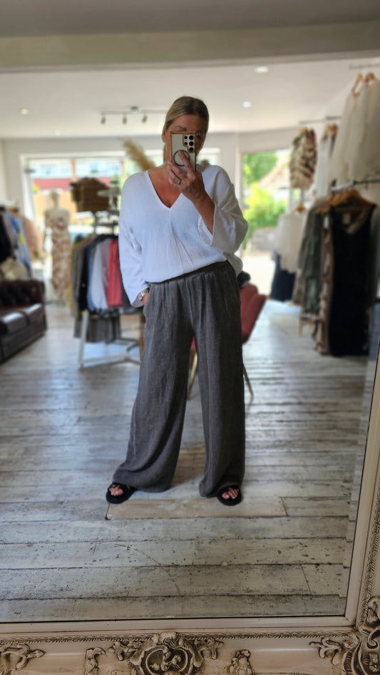 LUNA TWO POCKET LINEN BLEND TROUSERS IN TRUFFLE