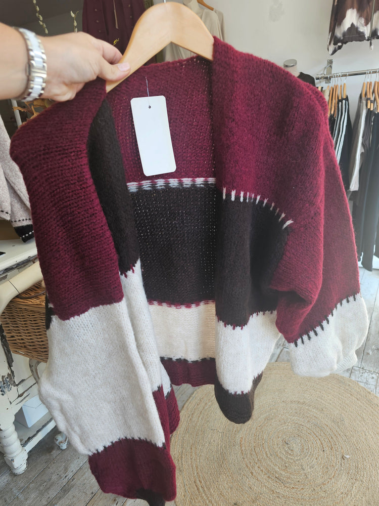 DARCY TRICOLOUR BALLOON-SLEEVE CARDIGAN IN WINE