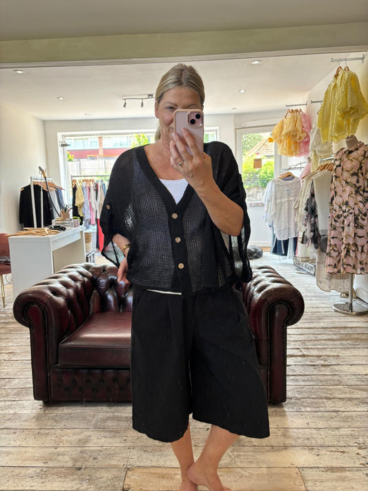 SOPHIA LINEN BLEND MESH BUTTON UP CARDIGAN IN black