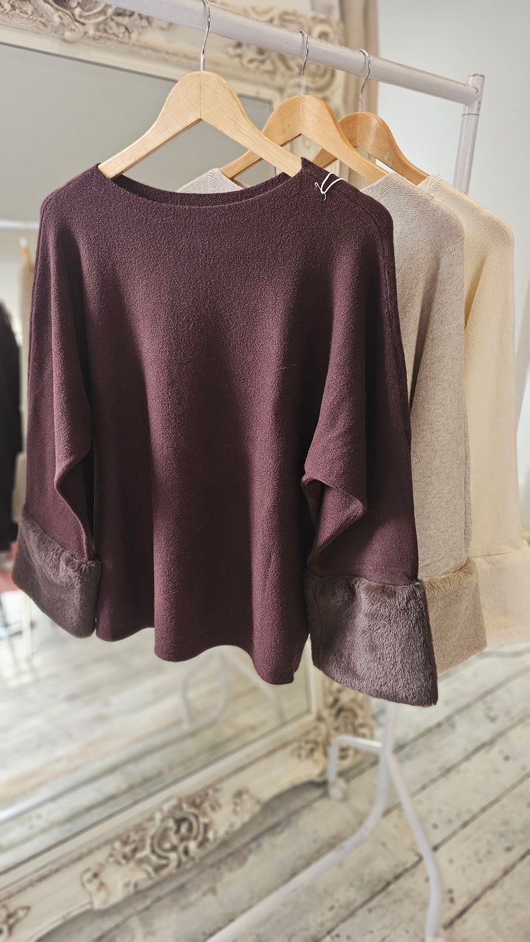 Daphne Faux Fur Sleeve Jumper in Chocolate