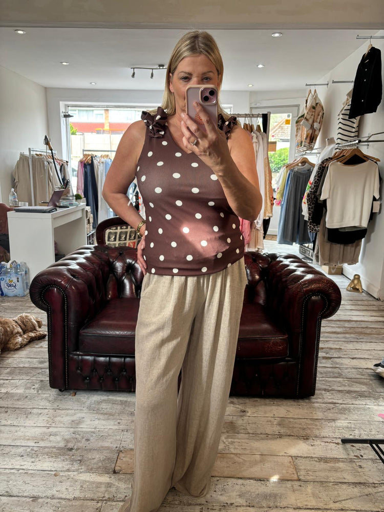 Ruffle Shoulder V Neck Vest Top in chocolate polka dots