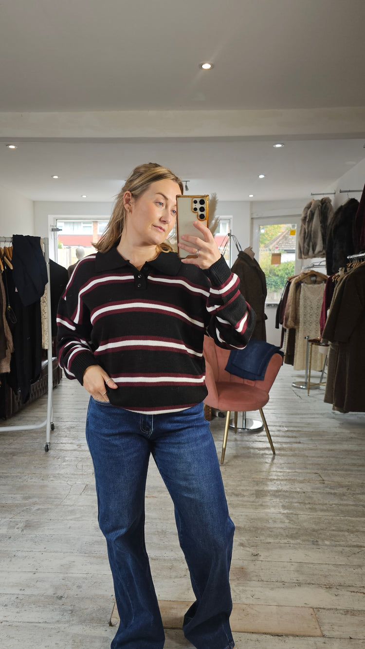 Tori knitted rugby stripe top in black