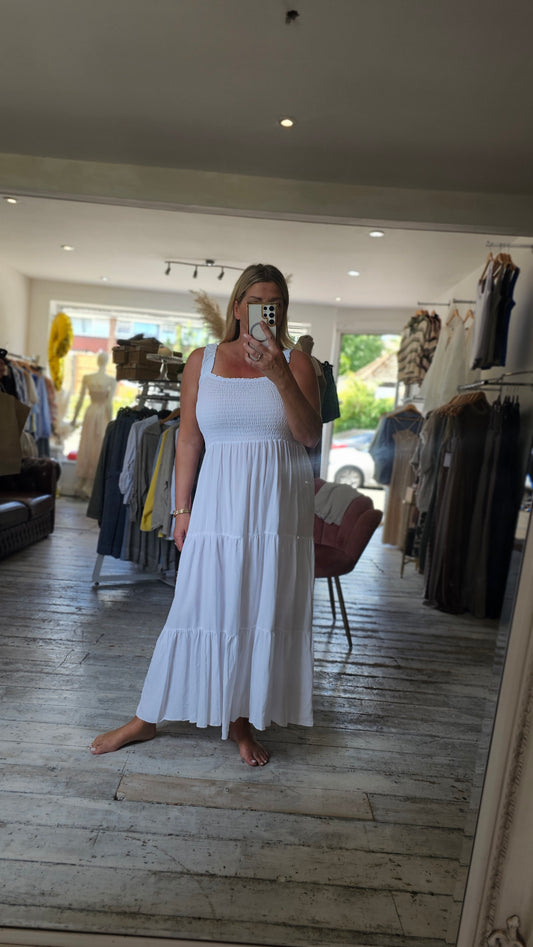 Leah Shirred chest maxi dress in white