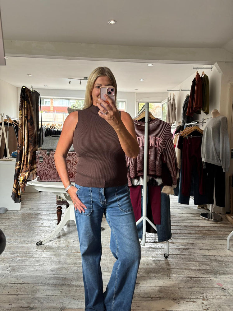 Kendall ribbed high neck top in chocolate