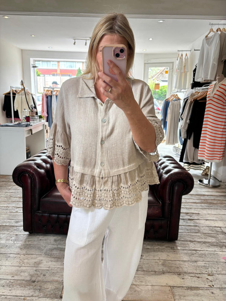 LILY LINEN BLEND ANGLAISE HEM SHIRT IN BEIGE