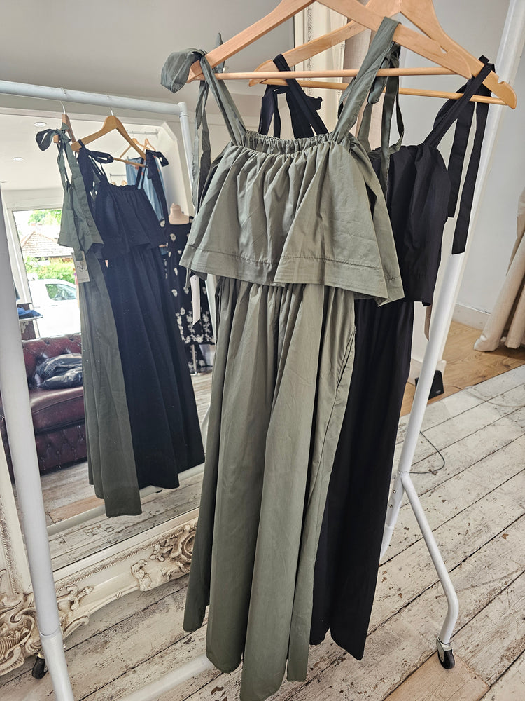 Cotton khaki tie strap tiered dress