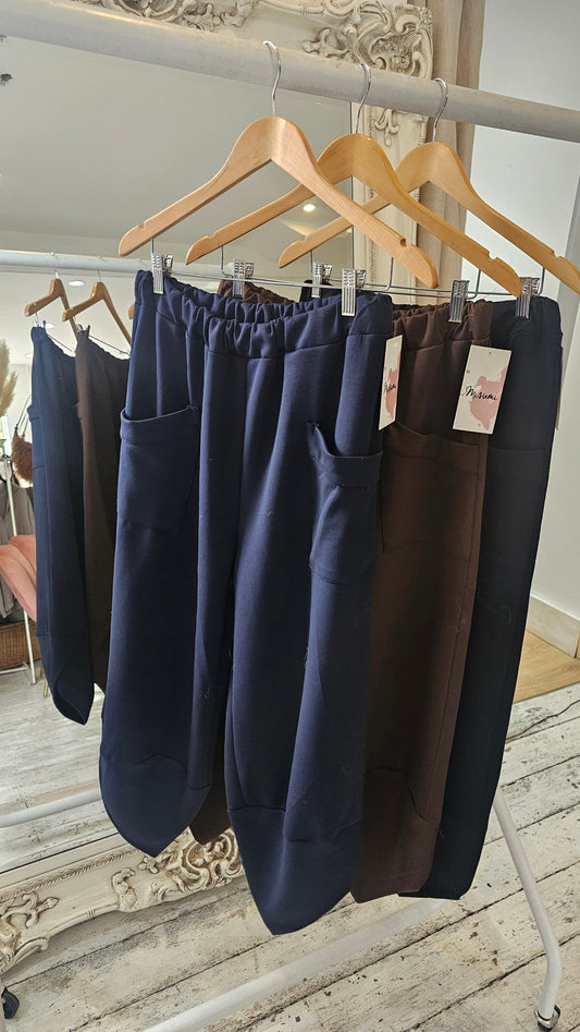 Brandy Two Pocket Soft Barrel trousers in navy