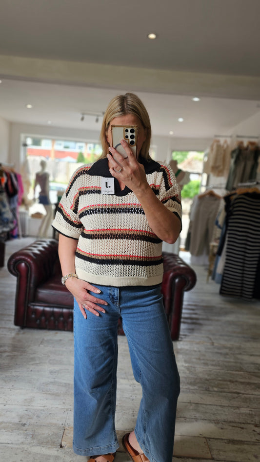 Jazz Collared Stripe Crochet Top in Black