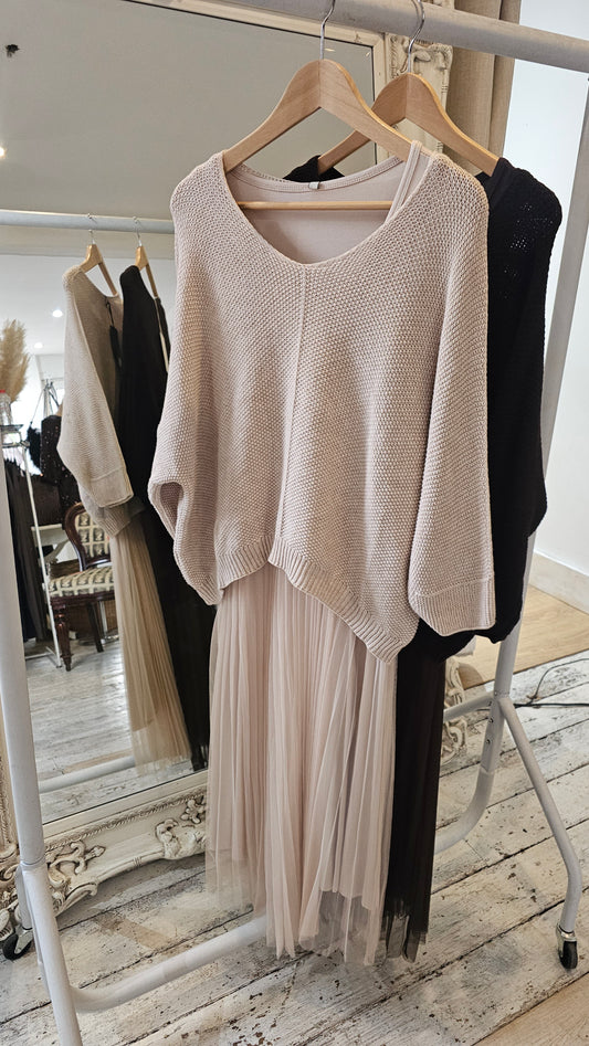 Naomie mesh detail dress & light knit two piece in light  beige