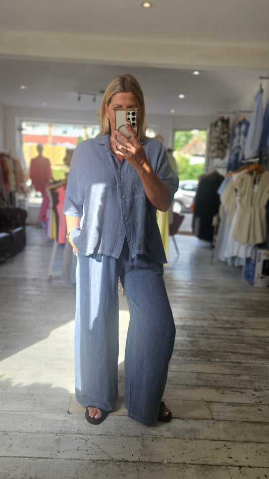 LUNA TWO POCKET LINEN BLEND TROUSERS IN DENIM BLUE