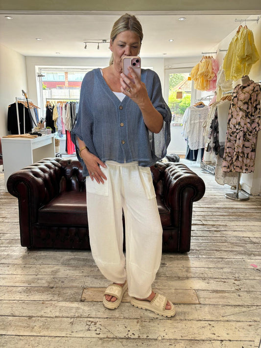 SOPHIA LINEN BLEND MESH BUTTON UP CARDIGAN IN navy