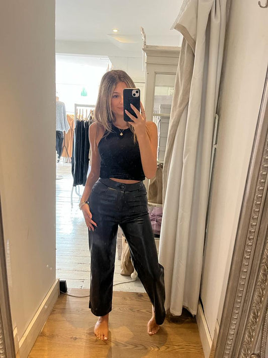 Cropped straight leg leather trousers