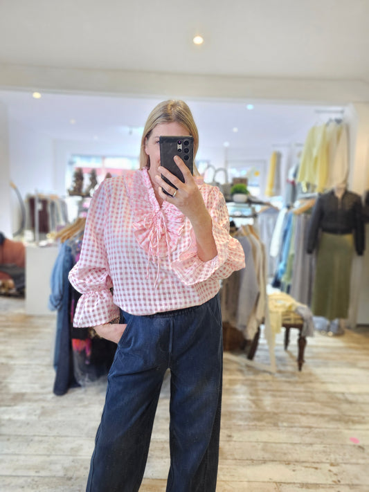 Mimi frill neck gingham blouse in baby pink
