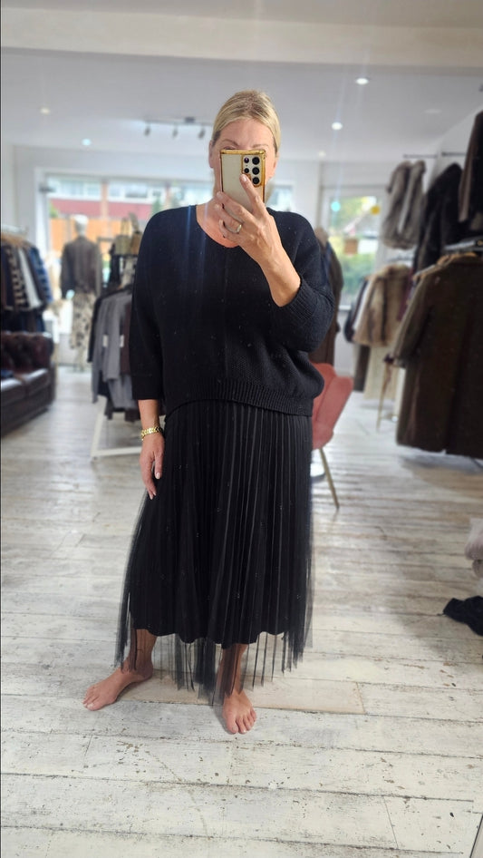 NAOMIE MESH DETAIL DRESS & LIGHT KNIT TWO PIECE IN BLACK