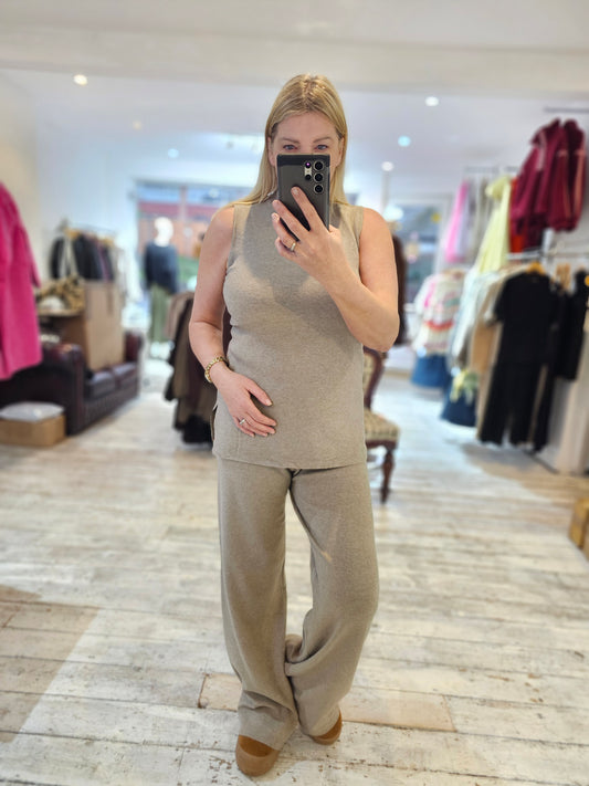 Aimee longline sleeveless two piece set in taupe