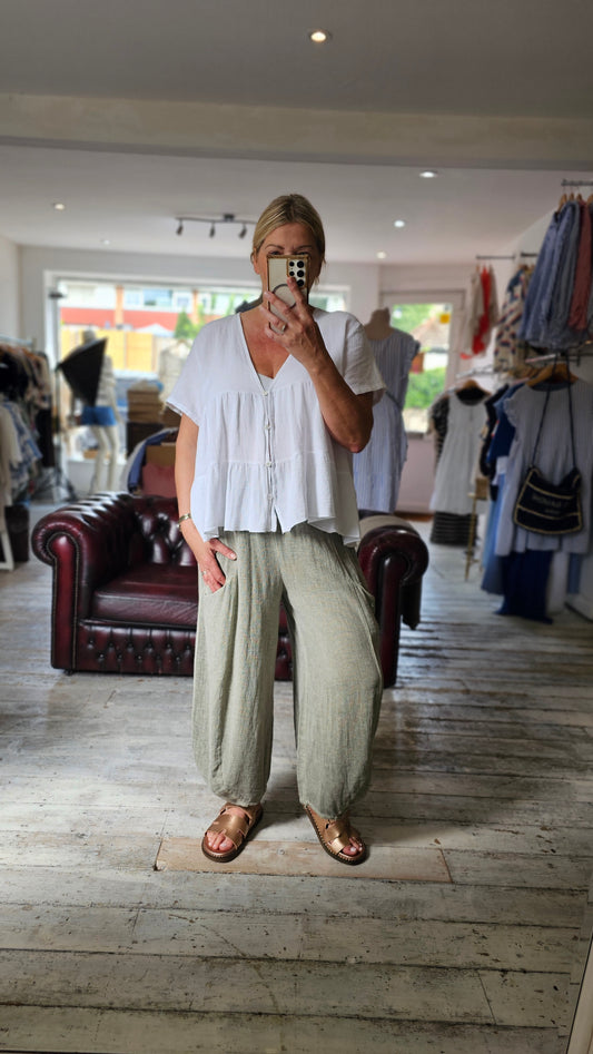 Harper Linen Blend Barrel trouser in Khaki