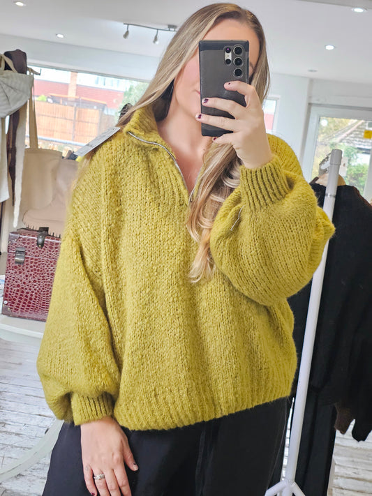 Frankie half zip balloon sleeve knitted jumper in Olive green