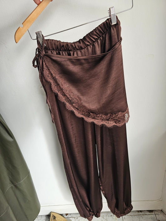 Grace satin lace trim balloon trousers in chocolate