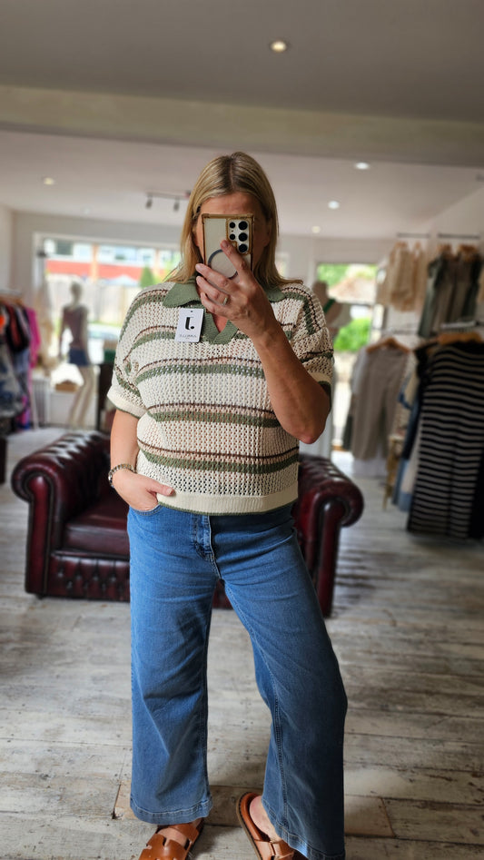 Jazz Collared Stripe Crochet Top in Khaki