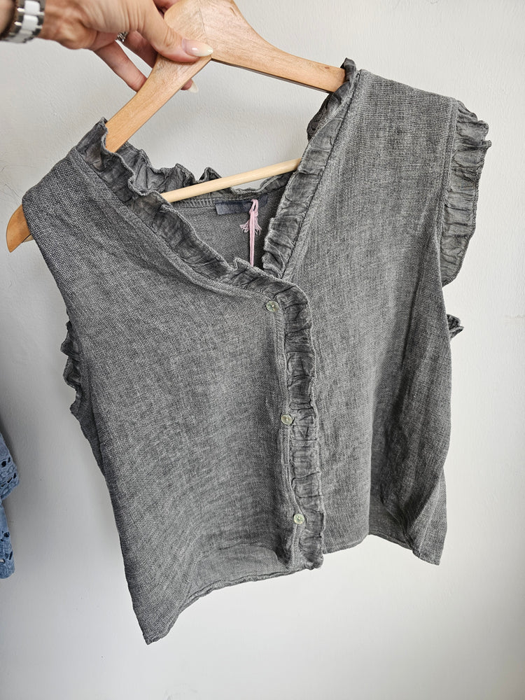 MAISIE FRILL EDGE BUTTON UP LINEN BLEND VEST IN grey