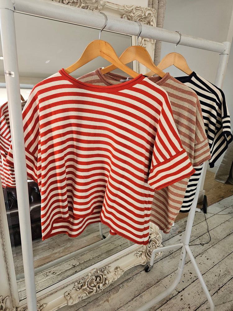 Demi Cotton Knitted Cropped Stripe Tee in rust