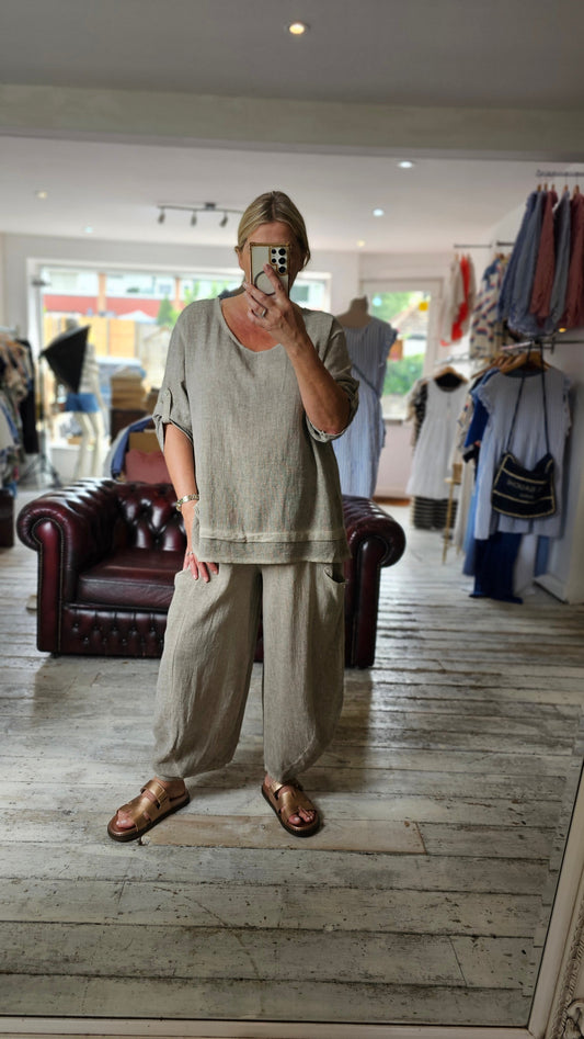 HARPER LINEN BLEND BARREL TROUSER IN mocha