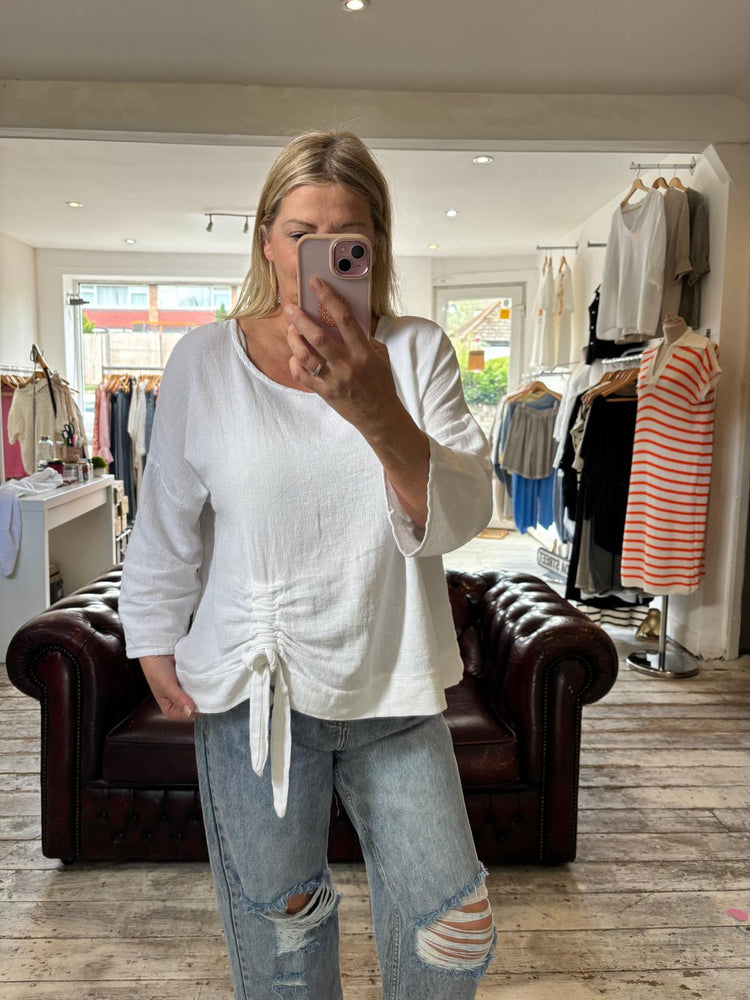 Poppy side ruched linen blend blouse in white