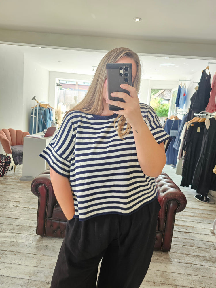 Demi Cotton Knitted Cropped Stripe Tee in navy