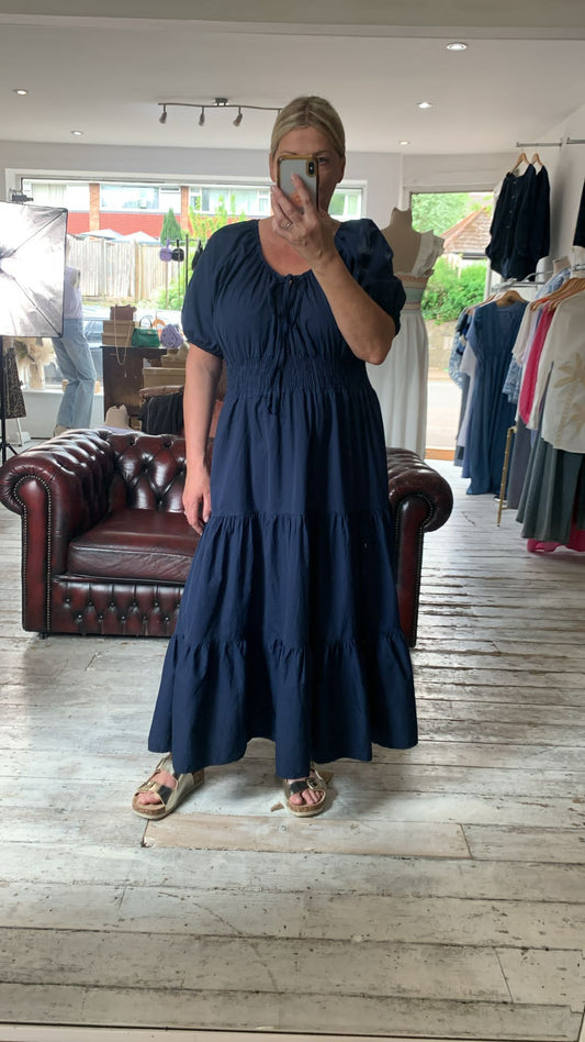 Olivia Cotton Puff Sleeve Shirred Waist Maxi Dress in Navy