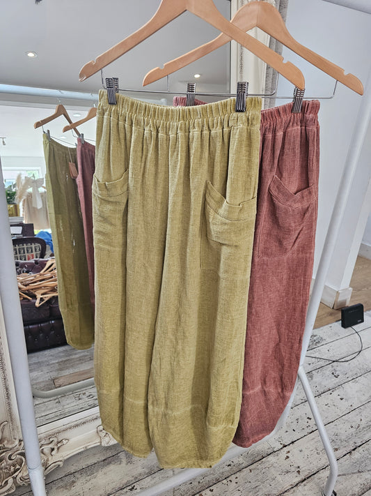 OLIVE LINEN BLEND FRONT POCKET TROUSER IN MUSTARD