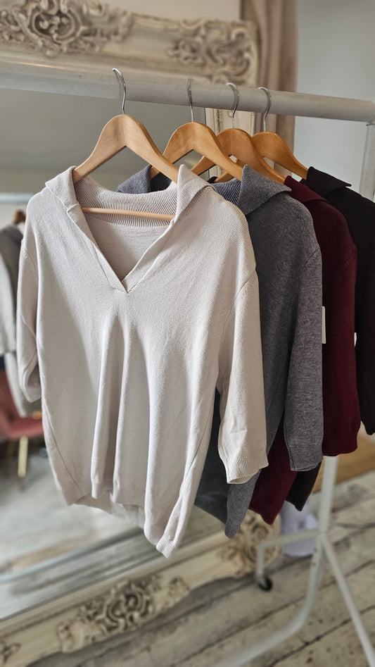 Hailey Collared V-neck light knit jumper beige